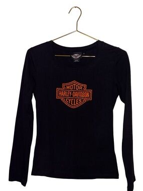 Harley-Davidson Black Long Sleeve Tee Orange Rhinestone Logo Size XS P2P 16”